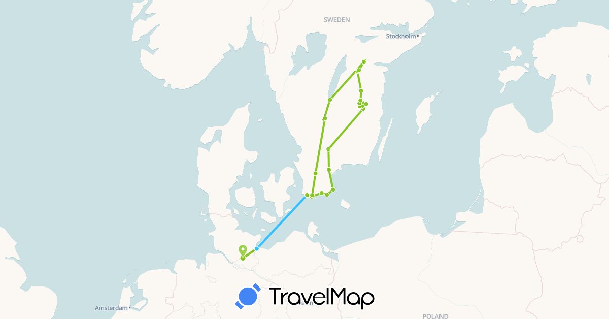 TravelMap itinerary: boat, electric vehicle in Germany, Sweden (Europe)
